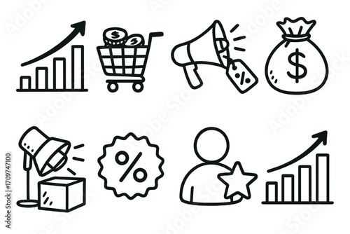 Business and marketing linear icon set. featuring analytics, shopping, megaphone, finance, and spotlight symbols