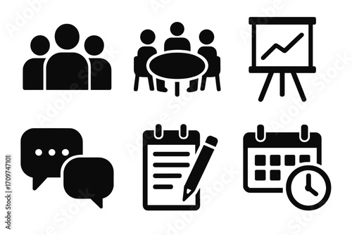 Business silhouette icon set. featuring team, meeting, presentation, chat, notes, calendar symbols