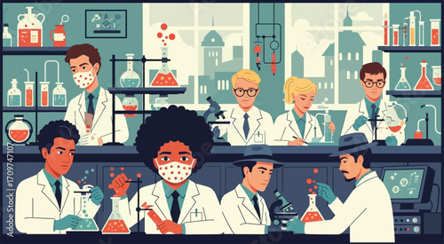A team of diverse scientists work in a laboratory, conducting experiments and research.vector illustration