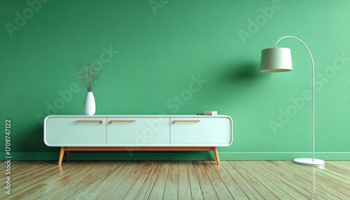 Green room, white credenza, modern decor