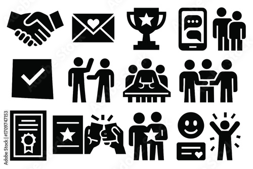 Business meeting silhouette icon set. featuring handshake, email, trophy, networking, certificate, and team symbols