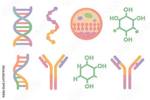 Biochemistry silhouette icons set. featuring dna, molecule, cell, antibody, chemical structure