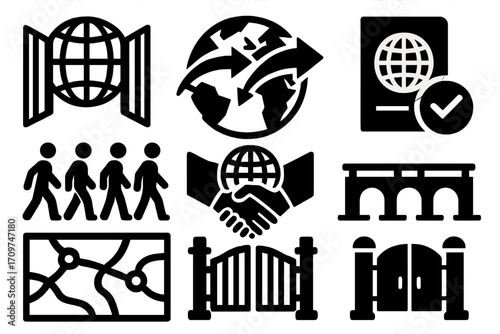 Global connection silhouette icon set. featuring globe, passport, handshake, map, gates, and bridge symbols