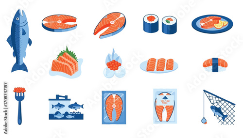 Vector illustration set of salmon fish, sushi, sashimi, fillet, roe, seafood dishes, packaging, fishing, aquaculture icons.