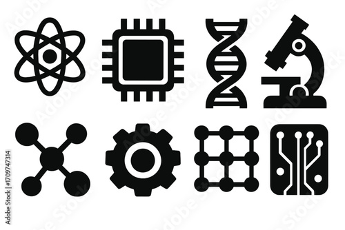 Science and technology silhouette icon set. featuring atom, chip, dna, microscope, and molecule symbols
