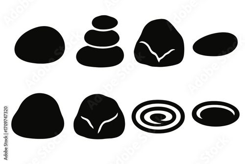 Zen garden silhouette icon set. featuring stones, zen, relaxation, meditation, tranquility, and balance symbols