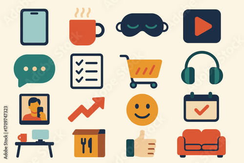 Productivity tools flat icons set. featuring tablet, coffee, sleep mask, play button, chat, checklist, and more