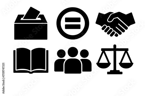 Legal and civic silhouette icon set. featuring voting, balance, teamwork, handshake, equality, and book symbols