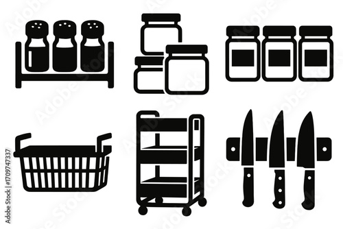Kitchen storage silhouette icon set. featuring spice rack, jars, basket, cart, and knives holder symbols