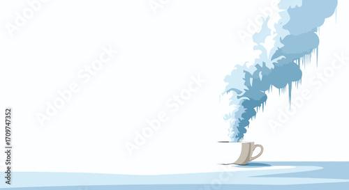 Vector art of stylized vector illustration of a steaming cup of hot drink with icicles, winter scene