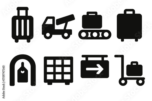 Airport travel silhouette icon set. featuring luggage, truck, conveyor, suitcase, scanner, pallet, baggage, and cart