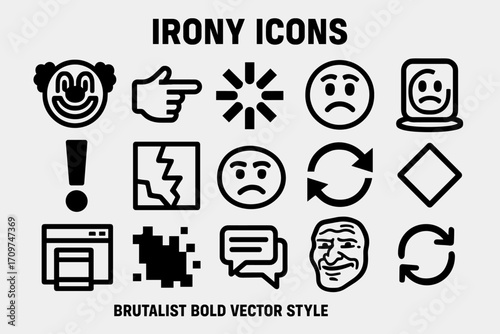 Internet irony silhouette icon set. featuring clown, pointing, loading, sad face, mirror symbols