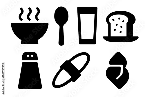 Food and dining silhouette icon set. featuring soup, spoon, glass, bread, salt, sushi, lemon symbols