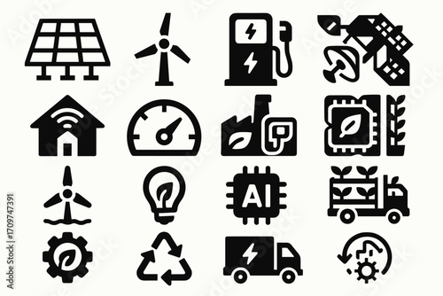 Renewable energy silhouette icon set. featuring solar panel, wind turbine, charging station, satellite, eco house