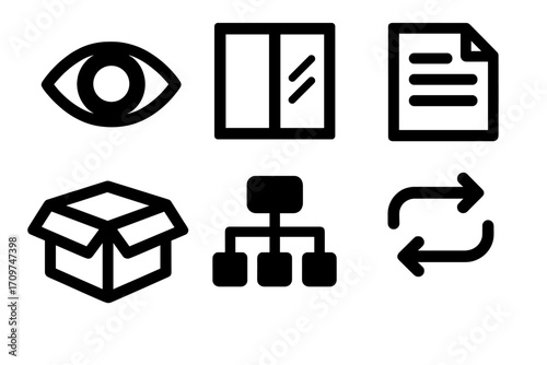 Interface silhouette icon set. featuring eye, window, document, box, hierarchy, refresh symbols