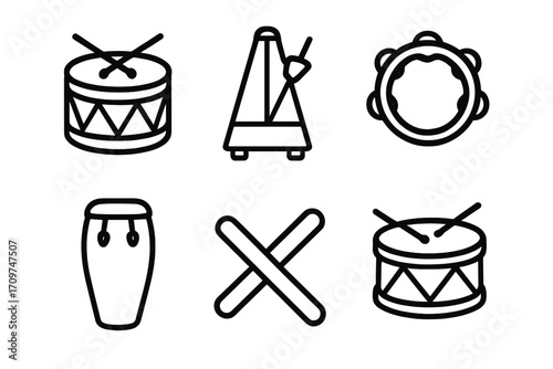 Music instruments silhouette icon set. featuring drum, metronome, tambourine, bongo, drumsticks