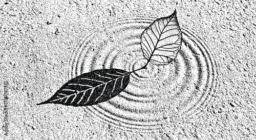 Vector art of two leaves resting on a sandy surface, creating concentric ripples, , a study in texture and contrast