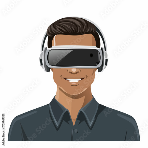 Man wearing virtual reality headset and smiling, showcasing immersive technology for gaming and entertainment