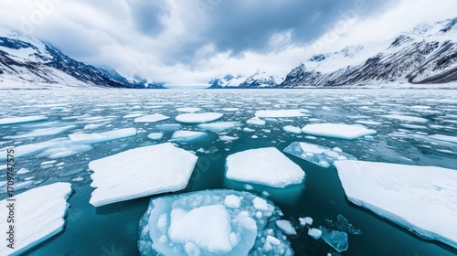 Panoramic view of ice floes floating on turquoise water with snowy mountains in the background, creating a breathtaking arctic landscape