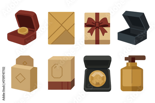 Gift and jewelry flat icon set. featuring ring box, present, perfume, and more symbols