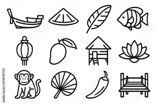 Thai culture linear icon set. featuring boat, hat, leaf, fish, lantern, mango, hut, lotus, monkey, umbrella, chili, pier