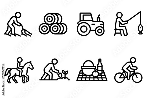 Leisure activities linear icon set. featuring gardening, camping, fishing, horse riding, and cycling symbols
