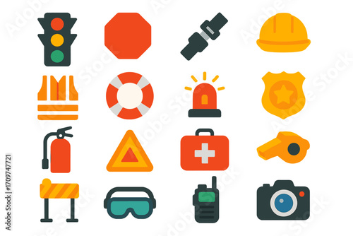 Safety equipment flat icon set. featuring traffic light, stop sign, seatbelt, helmet, vest, lifebuoy, siren, badge