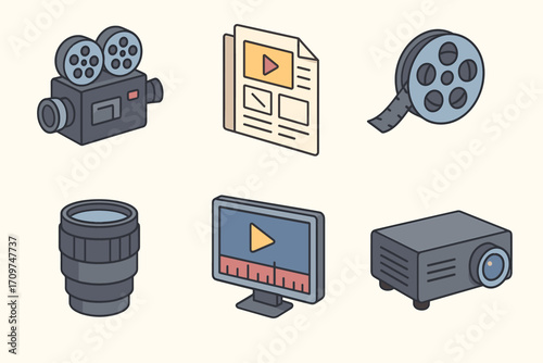 Cinema and filmmaking flat icon set. featuring camera, news, film reel, lens, editing, and projector icons