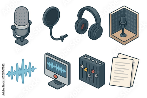 Recording studio flat icon set. featuring microphone, headphones, soundwave, pop filter, mixer, and recording booth symbols