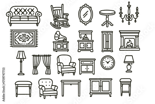 Home furniture linear icon set. featuring sofa, chair, table, clock, fireplace, and chandelier symbols