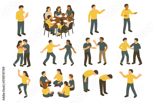 Conflict resolution flat icon set. featuring negotiation, teamwork, mediation, discussion, de-escalation, apology, agreement