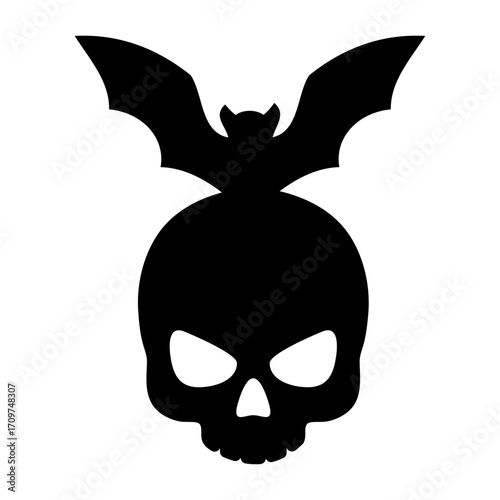 Símbolo pirata. Logo con murciélago en calavera humana para felicitaciones y tarjetas de Halloween