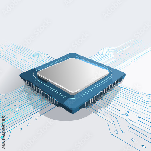 Digital microchip illustration with radiating blue circuit pathways, symbolizing advanced technology, data processing, and future innovation in interconnected systems
