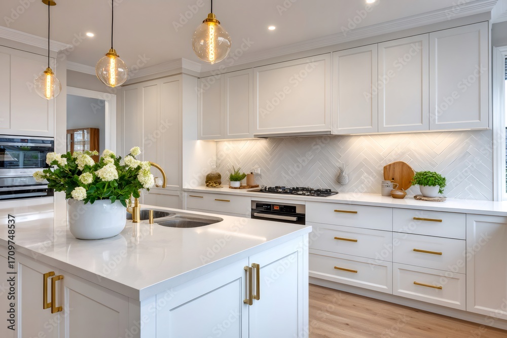 Fototapeta premium Modern white kitchen featuring island, gold fixtures, and herringbone backsplash