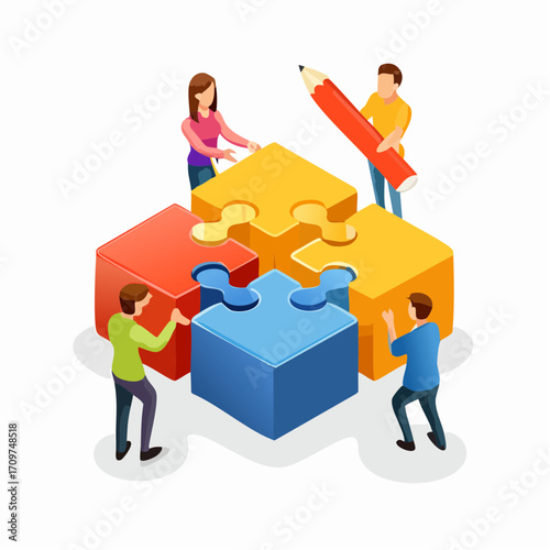 Collaborative process of a business team connecting colorful puzzle pieces to find a solution. Isometric vector for strategy and partnership concepts