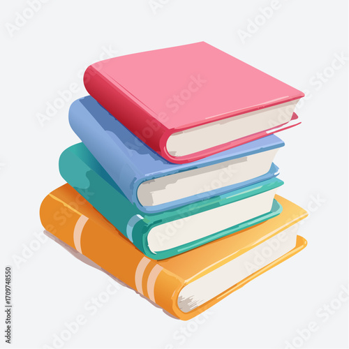 A neat pile of colorful hardcover books with bookmarks, an icon representing education, literature, and the hobby of reading