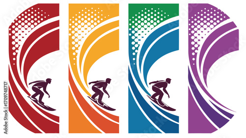 Four Surfers Riding Waves In Vibrant Colorful Stylized Banners Keywords: surfing, surfer, wave, ocean, sea, water, sport, extreme sport