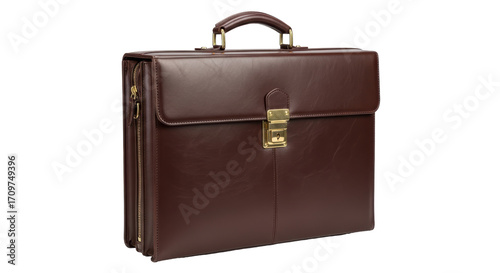 Isolated brown leather briefcase with golden closure, modern elegant accessory for business