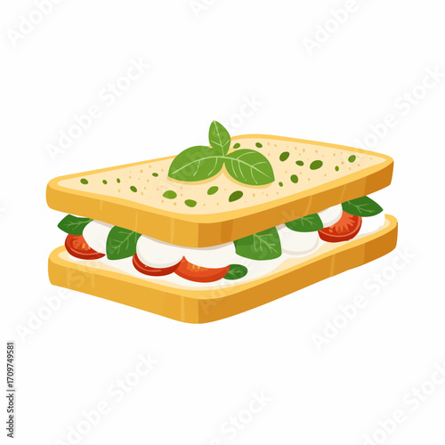 Delicious italian focaccia sandwich with fresh mozzarella, tomato, and basil ready to enjoy now