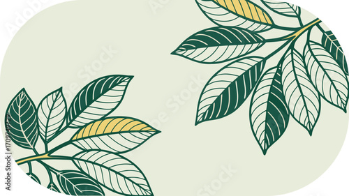 Minimalist Green Leaf Branches with Yellow Accents on Cream Background Keywords: leaf, leaves, branch, branches, green, yellow, cream