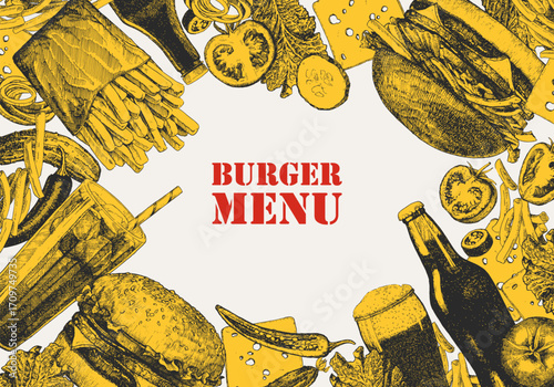 Burger Menu. Hand-drawn illustration of dishes and products. Ink. Vector	