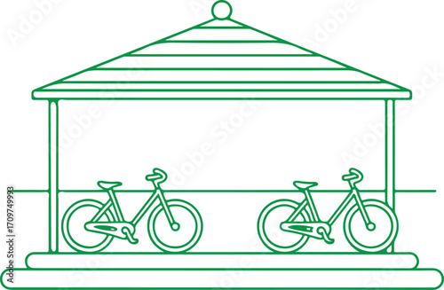 Green line art of a gazebo with two bicycles shelter