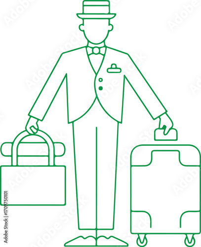 Green outline bellhop with luggage on white background Keywords: bellhop, porter, luggage