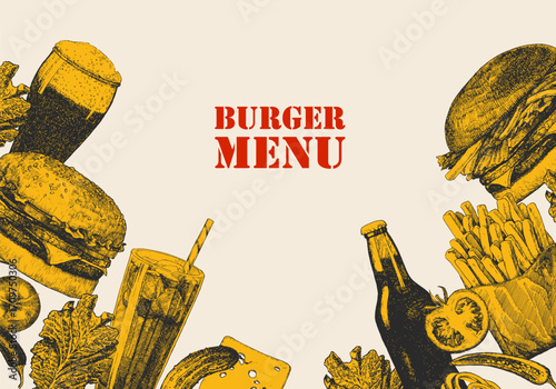 Burger Menu. Hand-drawn illustration of dishes and products. Ink. Vector	
