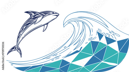 Stylized dolphin leaping over a geometric wave with blue and teal triangles jumping ocean