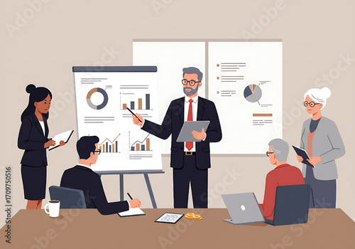 Business team meeting presentation with graphs and charts in office environment