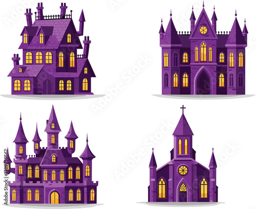 Set of spooky purple haunted houses and gothic castles with glowing windows, Halloween night scene vector illustration design