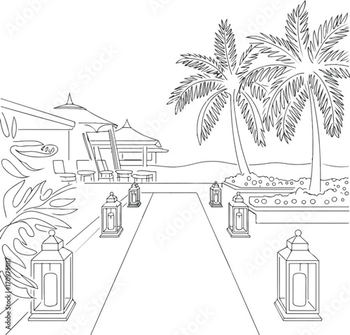 Tropical resort pathway with lounge chairs and lanterns Keywords: tropical, resort, pathway