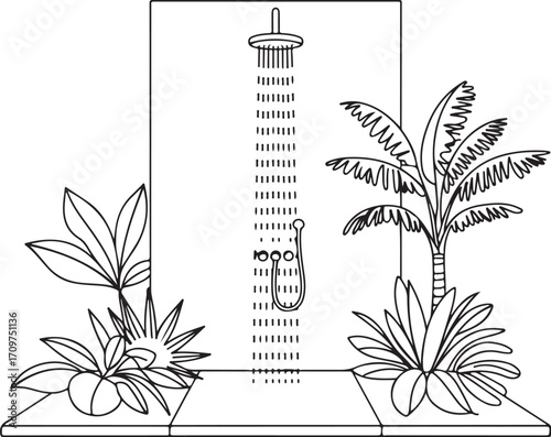 Tropical outdoor shower with running water and plants