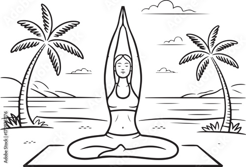 Woman meditating in lotus pose on beach with palm trees and ocean